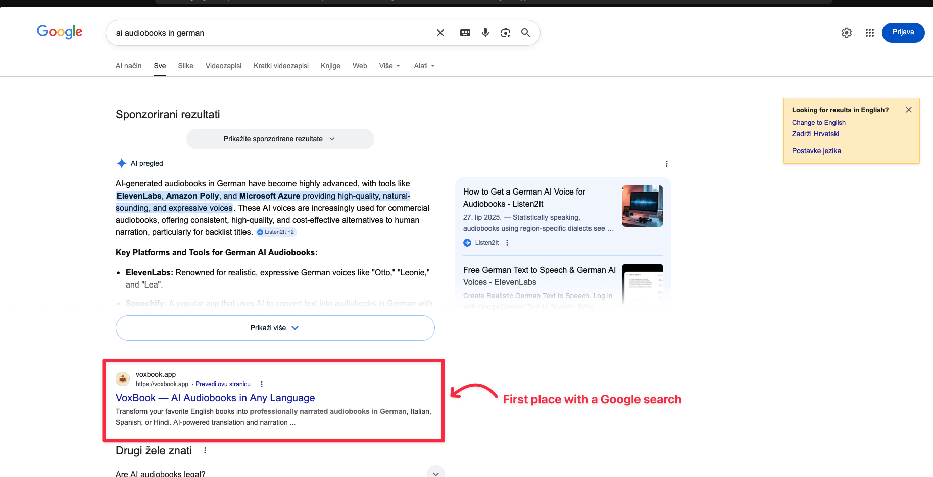 Voxbook ranking on Google search results for AI audiobook queries